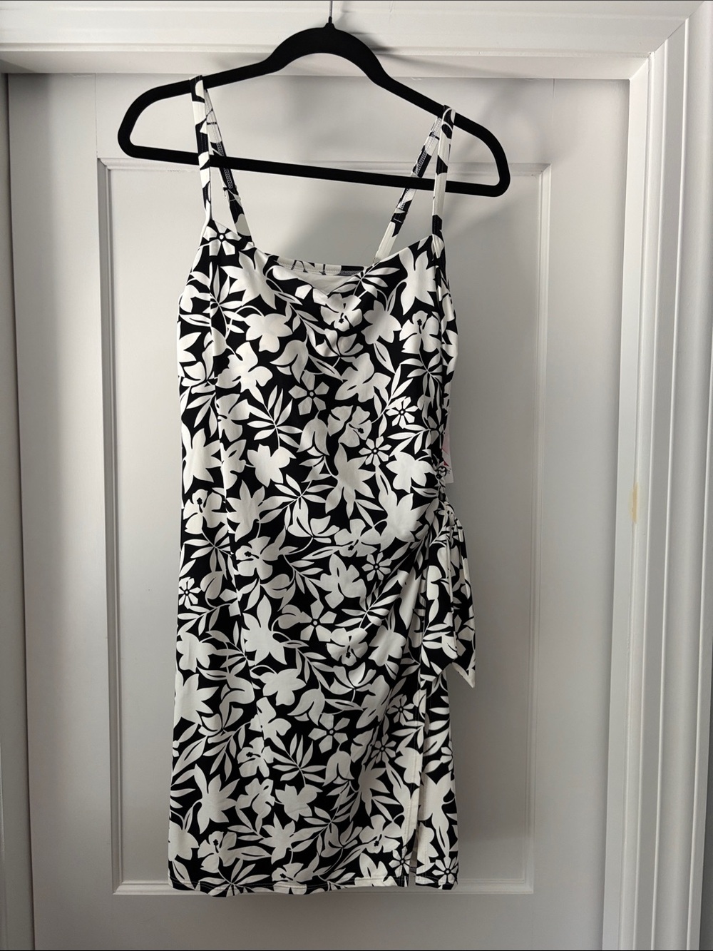 Lands End Black & White Floral swim Dress with Side Tie